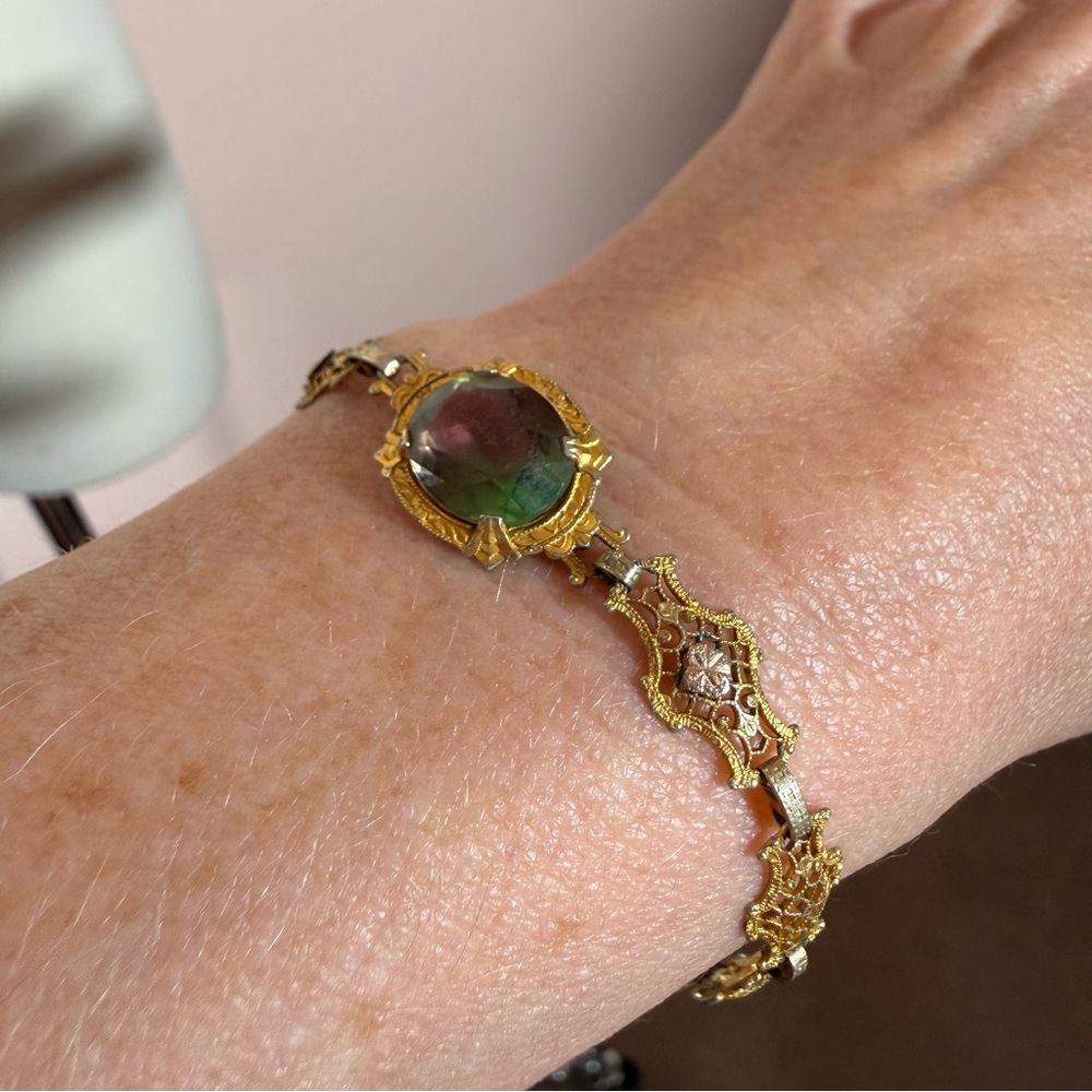 Antique Victorian Art deco Gold Filagree Green Pink iris Glass Bracelet - Picture 9 of 16